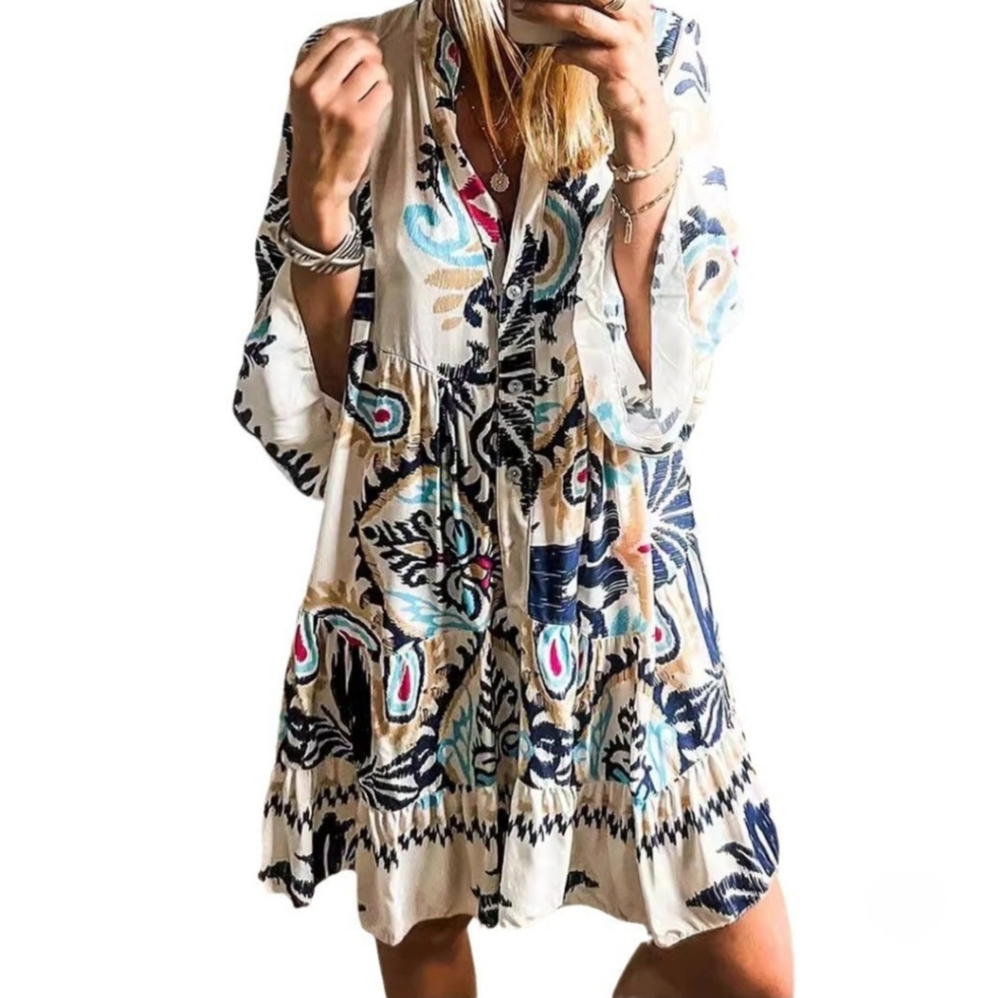 Boho Tiered Button Down Patterned Dress Ptp 21 Nwot MED Resortwear Vacay Cruise